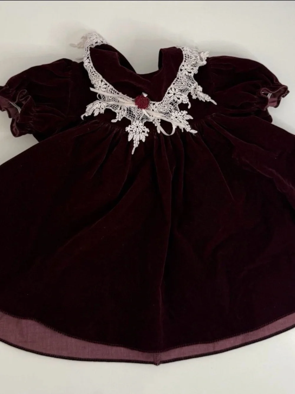 Vintage Memories By Jo Lene Baby Dress, Burgundy Velvet, Lace Collar 18 Months
